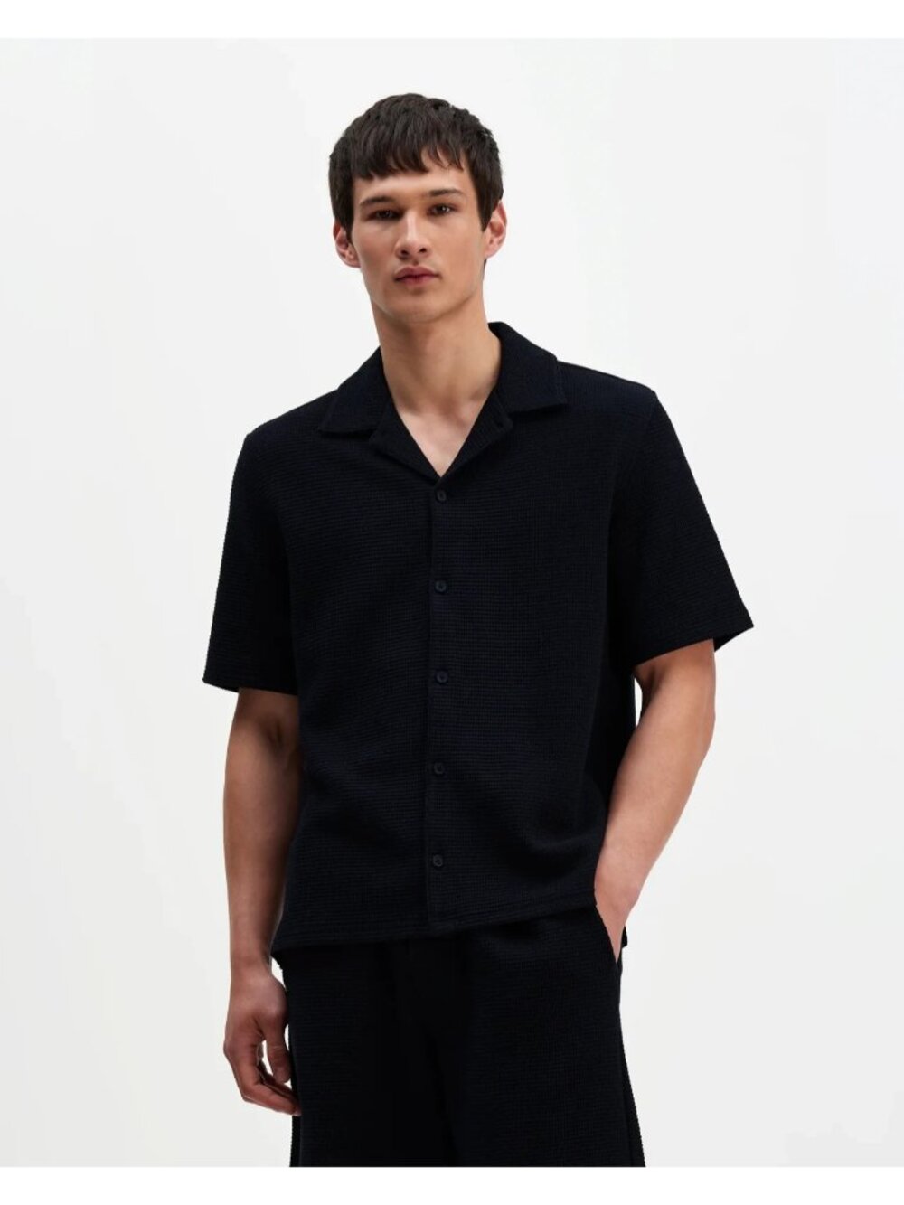 Wax London SS25 Navy Blue Textured Seersucker Short Sleeve Shirt Large